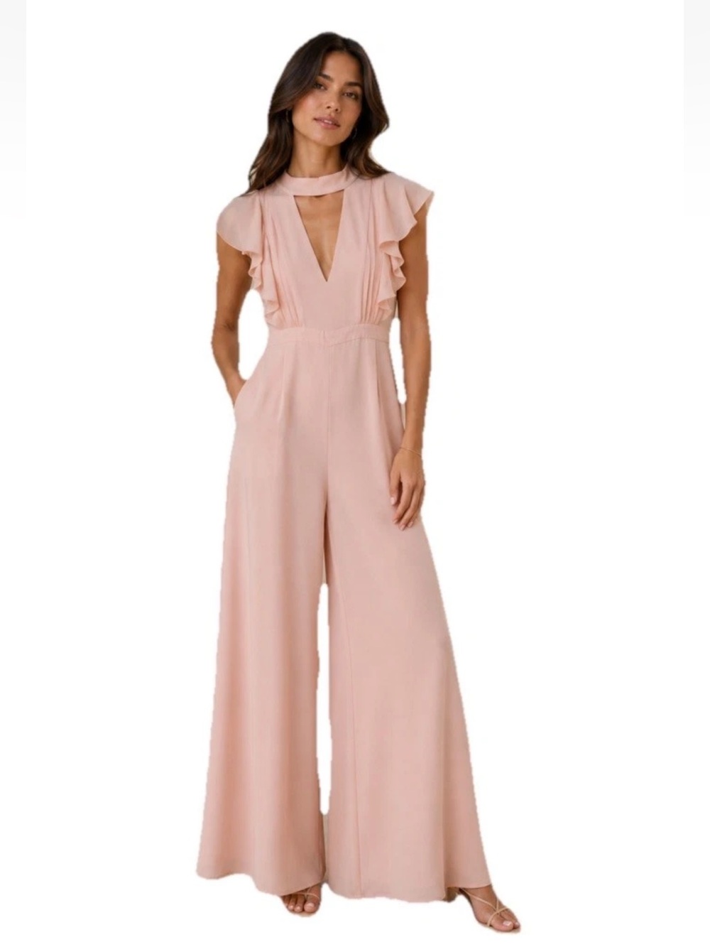 Fame & Partners The Celio Blush Ruffle Sleeve Wide Leg Jumpsuit Sz 0 Elegant